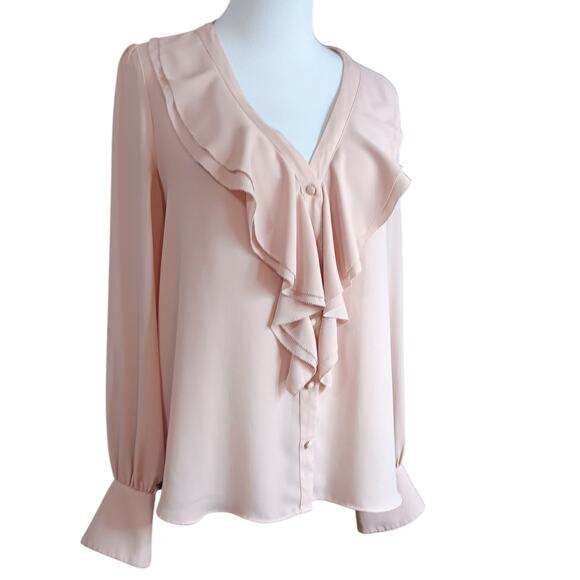 WHBM Pale Blush Pink Ruffled Top Blouse Medium Dressy Event Career Classic VNeck - Picture 1 of 8